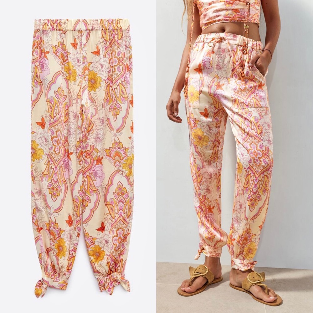 Zara Floral Print Pants - Pink and Orange